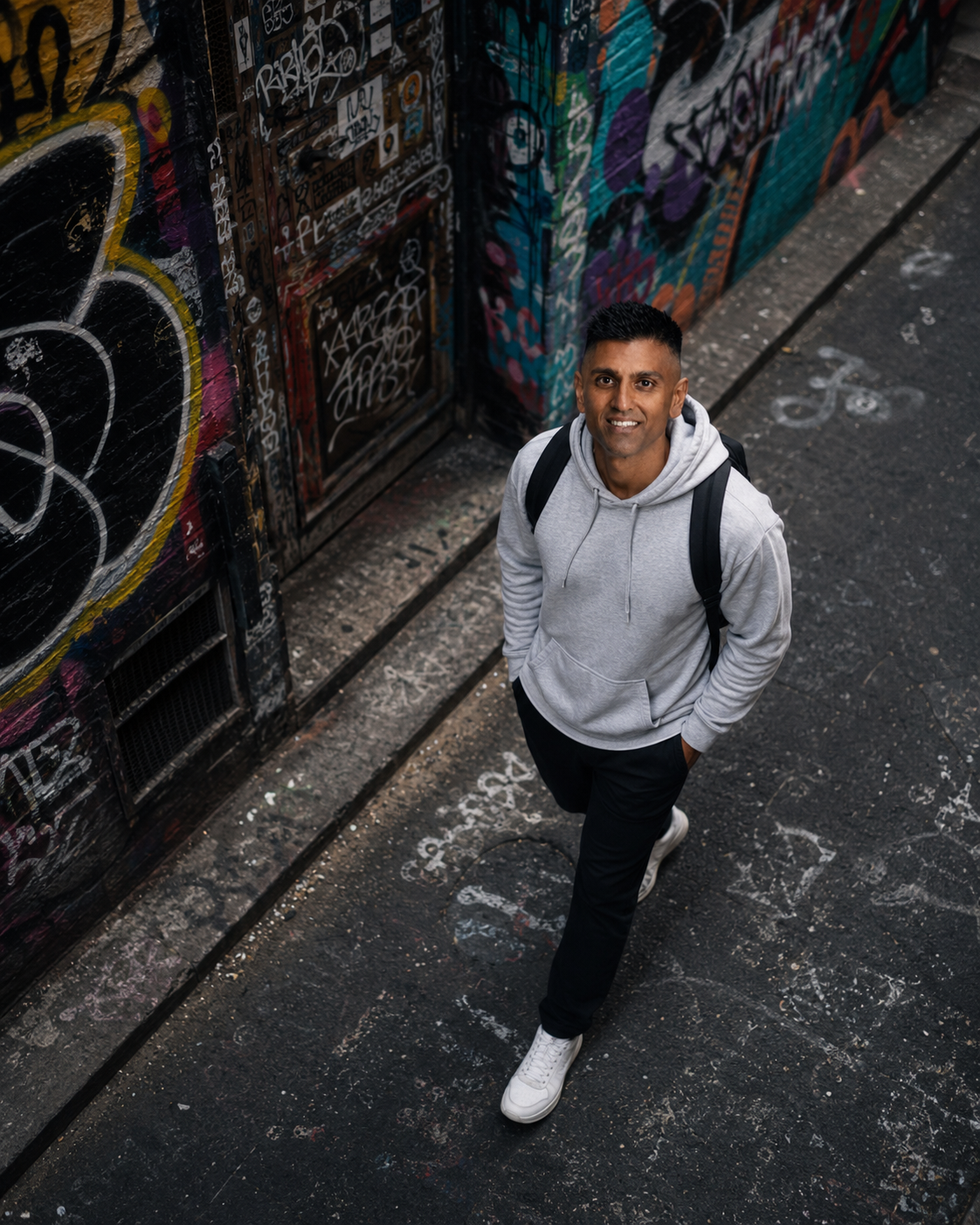 Amit Khaira standing in a graffiti laneway, Perth